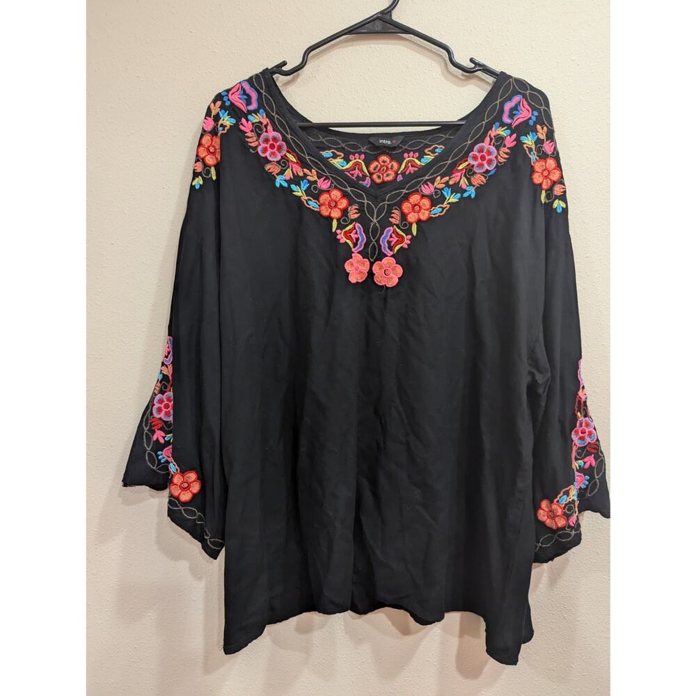 Black peasant style blouse w/gorgeous neon floral embroidery; intro, approx XL